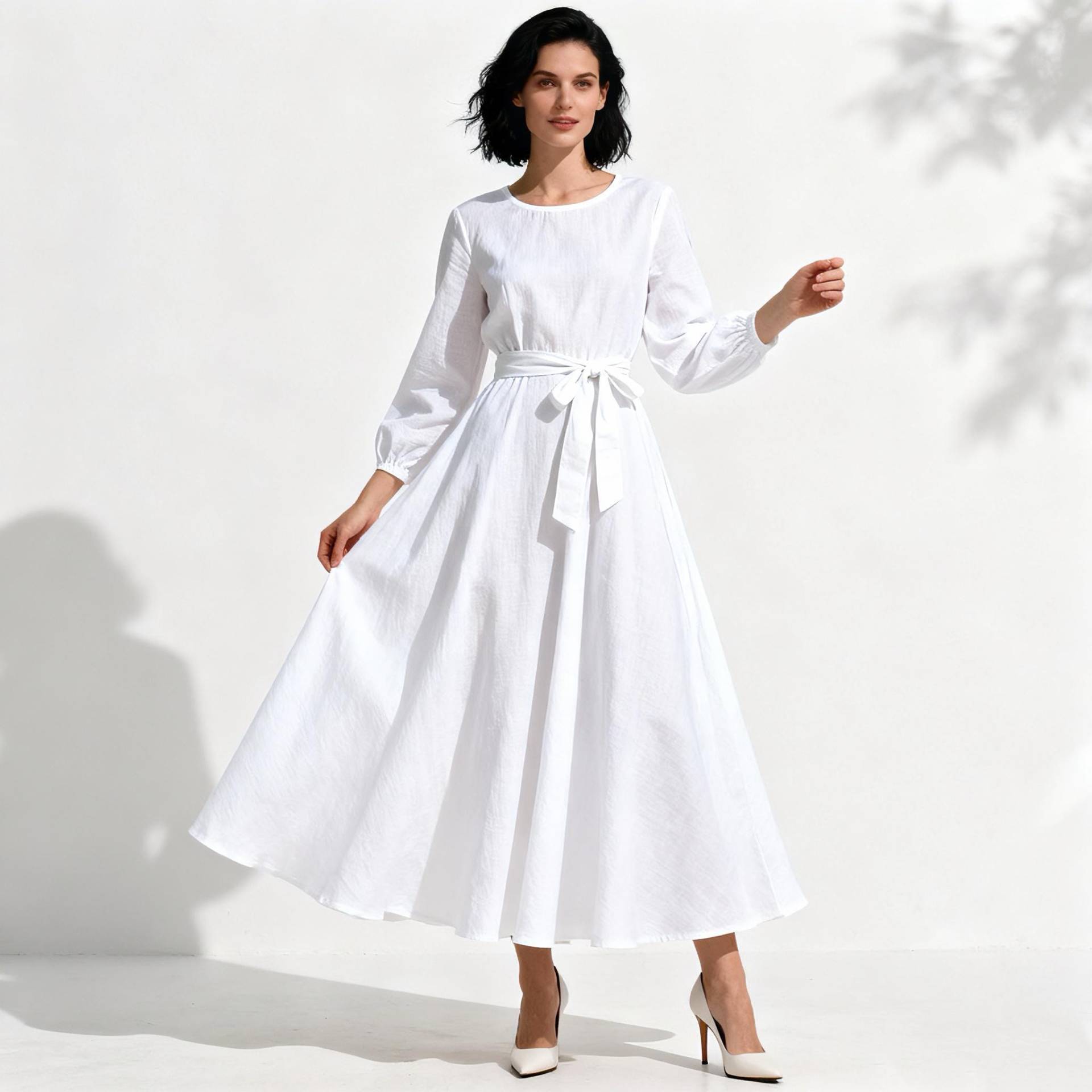 Elegant White Long Sleeve Belted Maxi Dress With Pockets, Vintage Inspired Cotton Blend A-Line For Women von Arvoryn