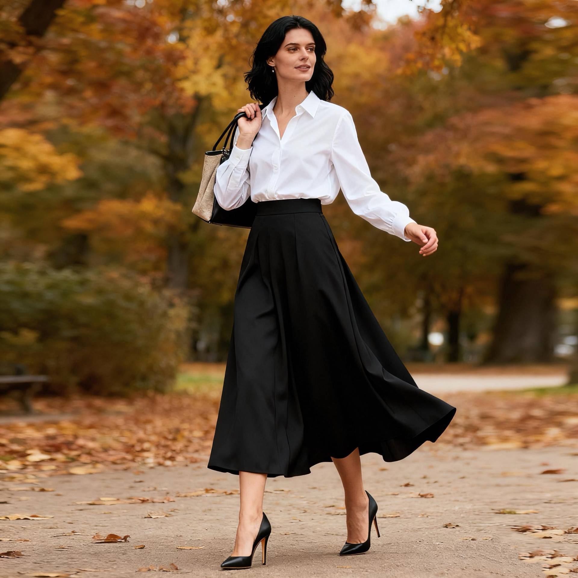 Flowy Black Midi Skirt For Women, Elegant A Line High Waist Skirt, Minimalist Modern Office & Daily Autumn Outfit von Arvoryn