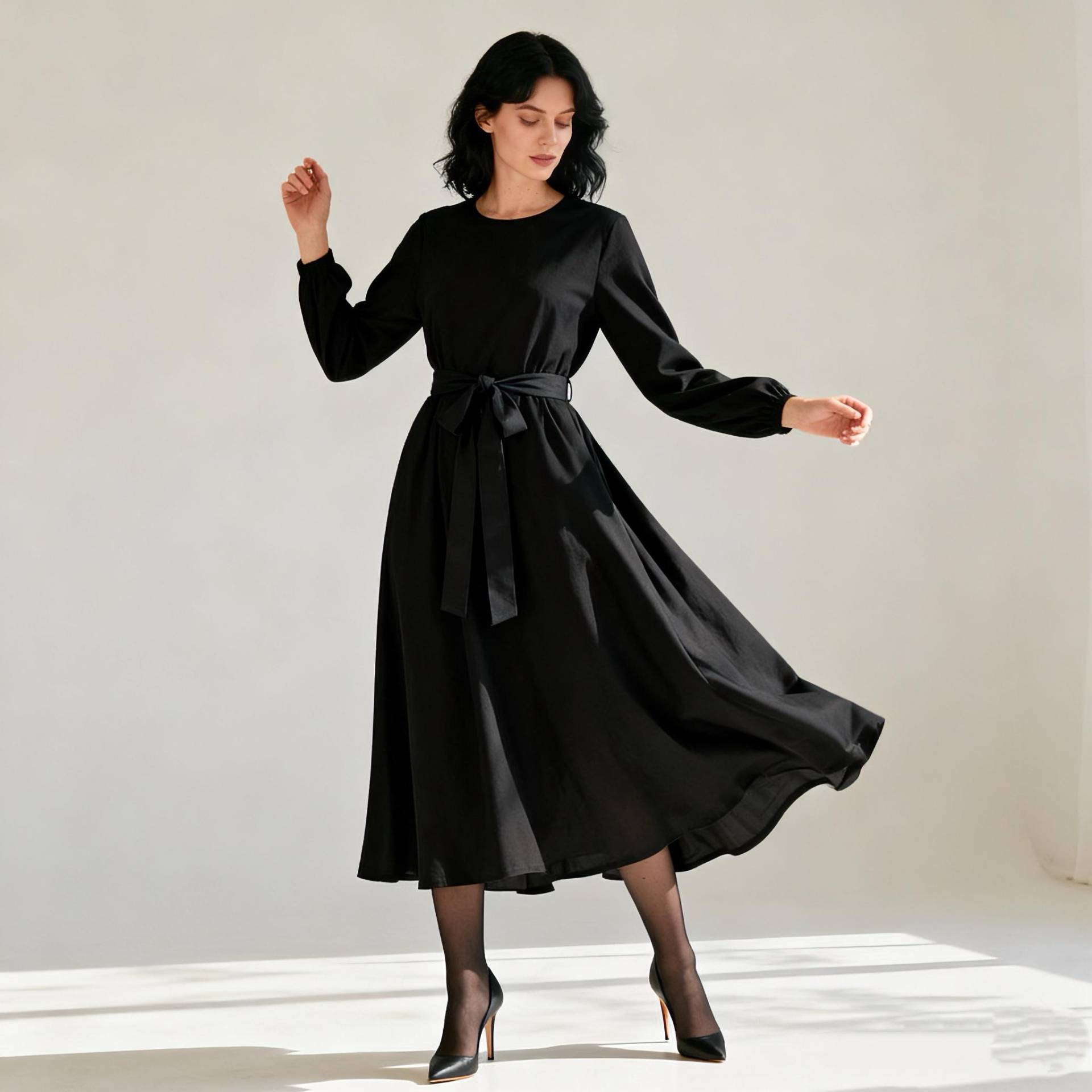 Graceful Black Maxi Dress For Women, Belted Long Sleeve A-Line Dress, Feminine Autumn Winter Casual & Party Wear von Arvoryn