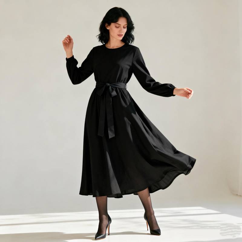 Graceful Black Maxi Dress For Women, Belted Long Sleeve A-Line Dress, Feminine Autumn Winter Casual & Party Wear von Arvoryn
