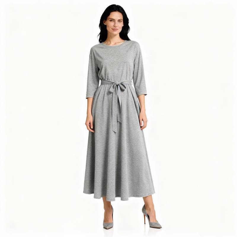 Gray Maxi Dress With Belt, Minimalist Cotton Round Neck 3/4 Sleeve For Daily, Spring Autumn Style von Arvoryn