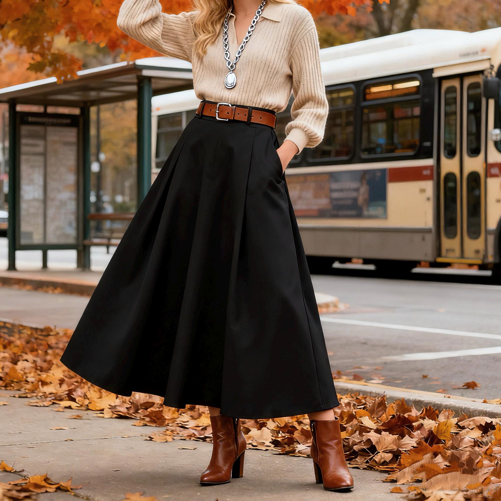 Minimalist Black A-Line Midi Skirt, Elegant Full Skirt For Women With Pockets, Chic Style Daily Wear Or Office von Arvoryn