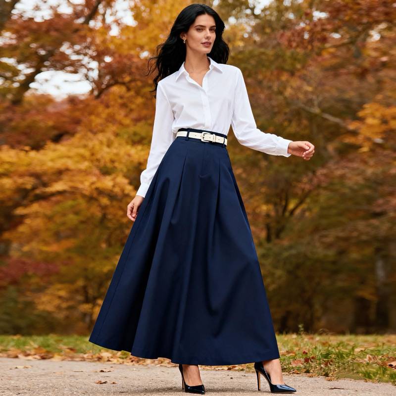 Navy Blue Maxi A-Line Skirt For Women, Elegant High Waist Long With Pockets, Minimalist Spring Autumn Daily von Arvoryn