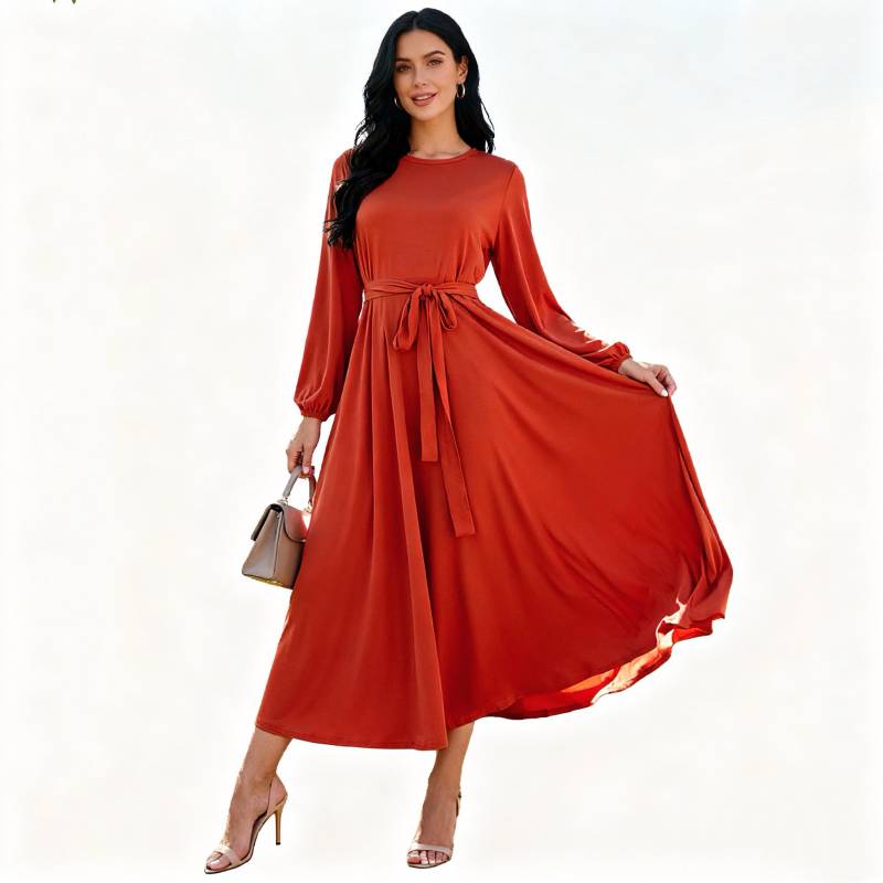 Rust Brown Maxi Dress For Women, Long Sleeve Flowy Casual Dress, Elegant Belted High Waist Spring Autumn Everyday Fashion von Arvoryn