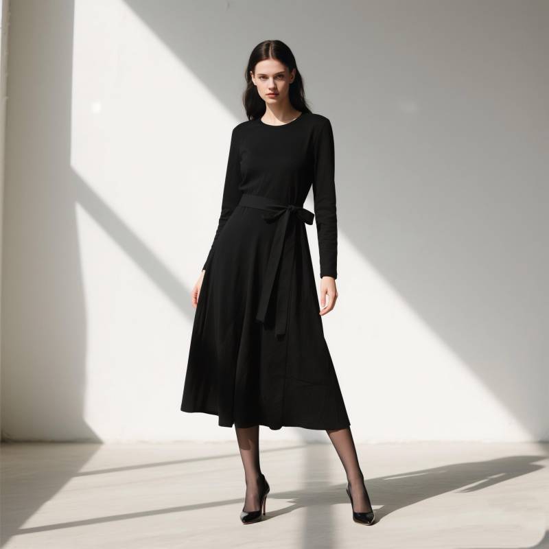 Vintage Inspired Black Long Sleeve Maxi Dress, Elegant Belted A-Line Dress For Women, Autumn Winter Classic Daily Wear von Arvoryn