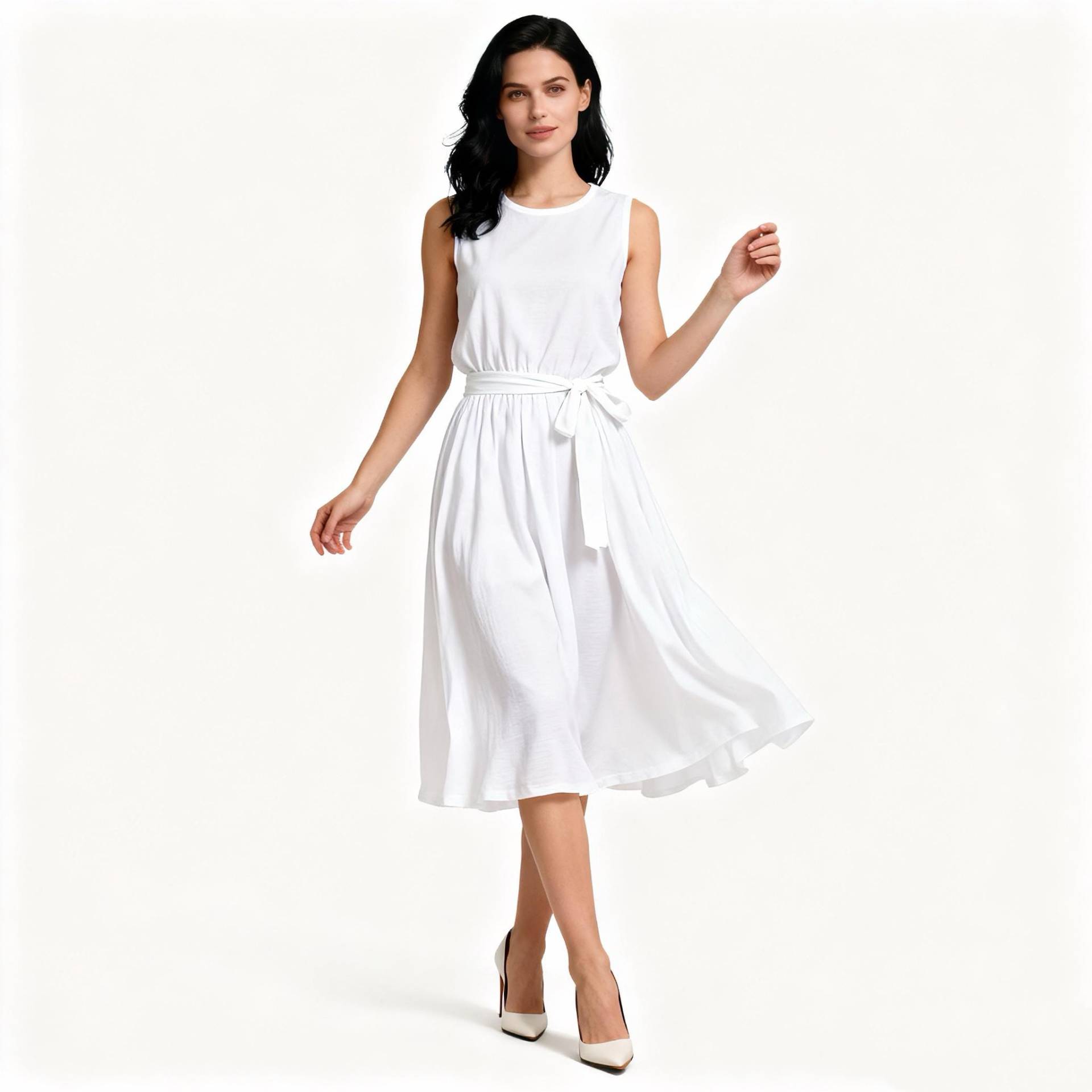 White Midi Dress For Women, Sleeveless Belted Flowy Cocktail Party Dress, Elegant High Waist Spring Summer Fashion von Arvoryn