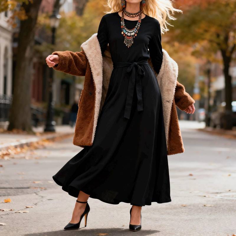 Women Black Long Sleeve Maxi Dress, Fall Cotton Blend Round Neck Dress With Belt, Elegant Casual Style For Daily Wear von Arvoryn