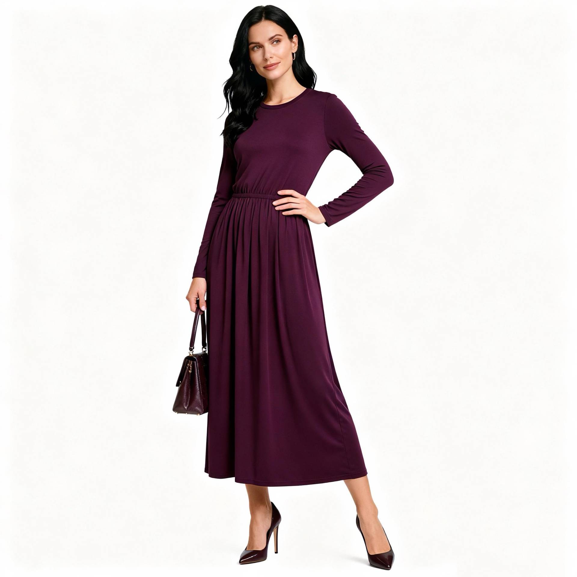 Women Maxi Dress With Elastic Waist, Casual A-Line Silhouette, Long Sleeve Comfortable Daily Fall Style, Soft Cotton Blend Fashion von Arvoryn