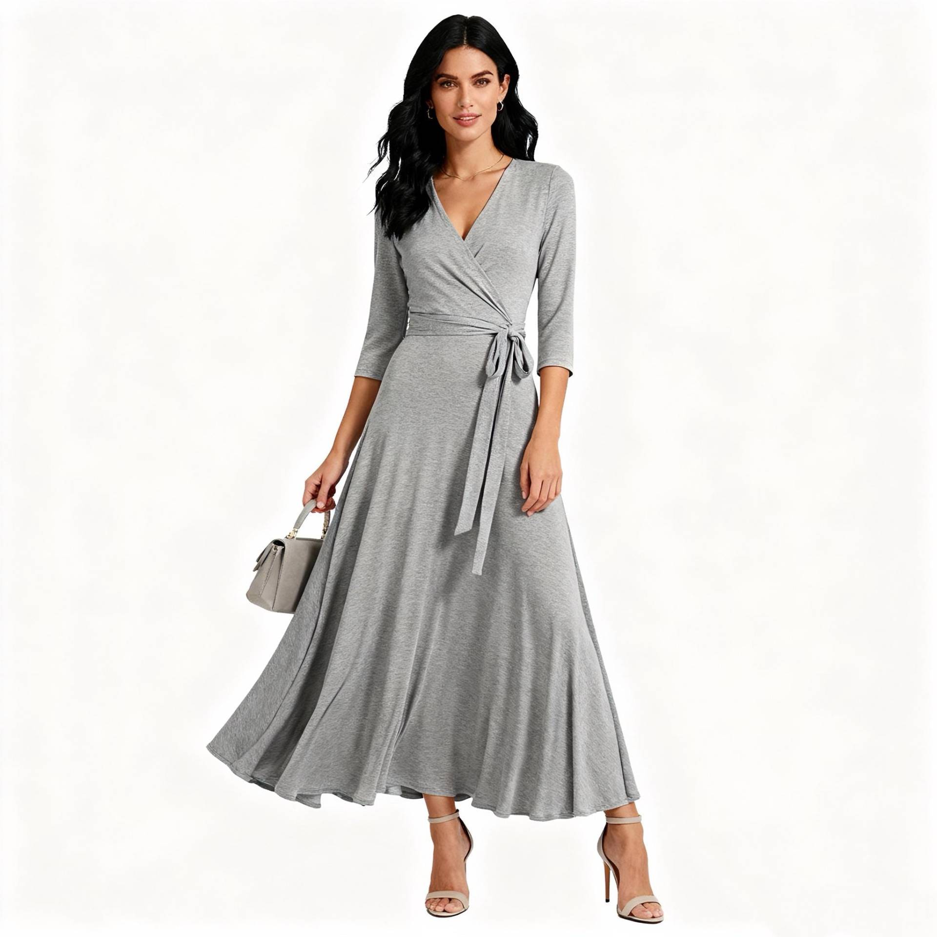 Women's Wrap V Neck Dress With Belt, Minimalist 3/4 Sleeve Maxi For Spring Fall, Casual Elegant Daily Work Outfit von Arvoryn