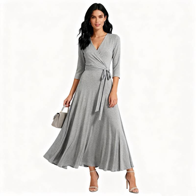 Women's Wrap V Neck Dress With Belt, Minimalist 3/4 Sleeve Maxi For Spring Fall, Casual Elegant Daily Work Outfit von Arvoryn