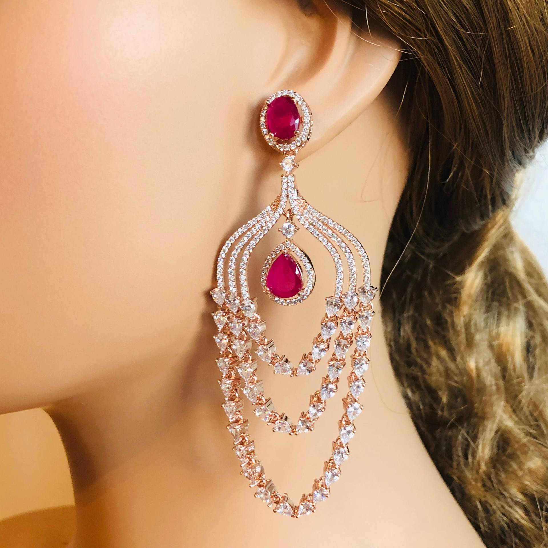Rose Gold Cz Cocktail Ohrringe/Braut Rubin Zirkonia Brautjungfer Party Hochzeit Rose Gold Cz Cocktail Ohrringe/Braut Rubin Zirkonia Brautjungfer Party Hochzeit von AryaFashions