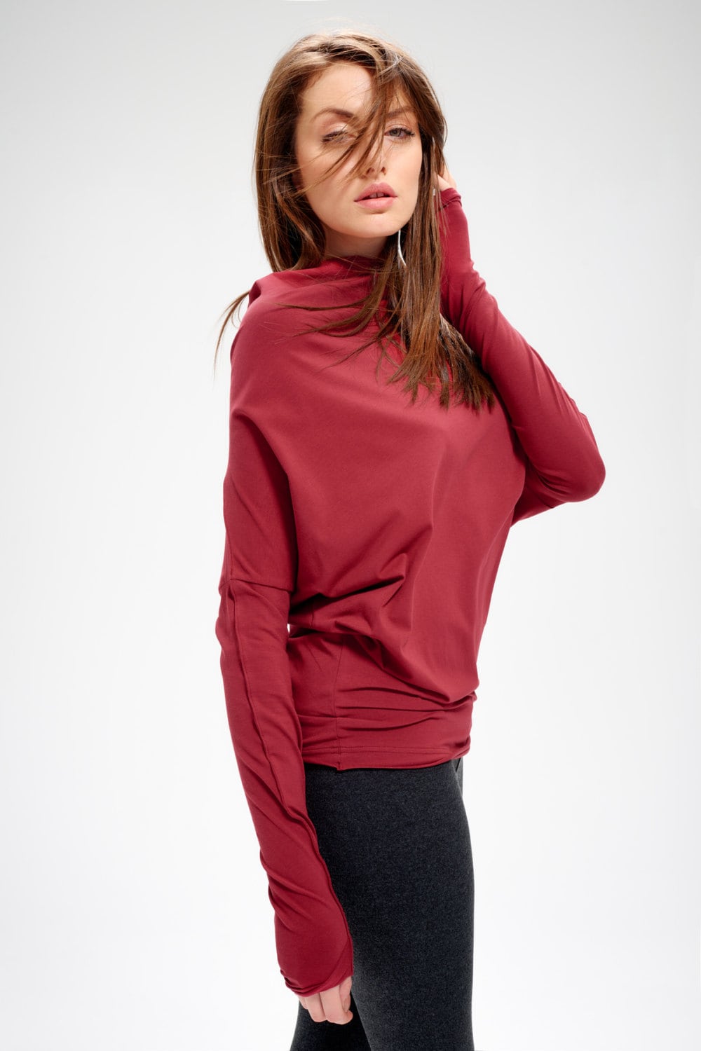 Red Top, Oversized Langarm Bluse, Maxi Damen Casual Yoga Rubin Fledermaus Loose Top Arya Sense, Batd14Rr von AryaSense