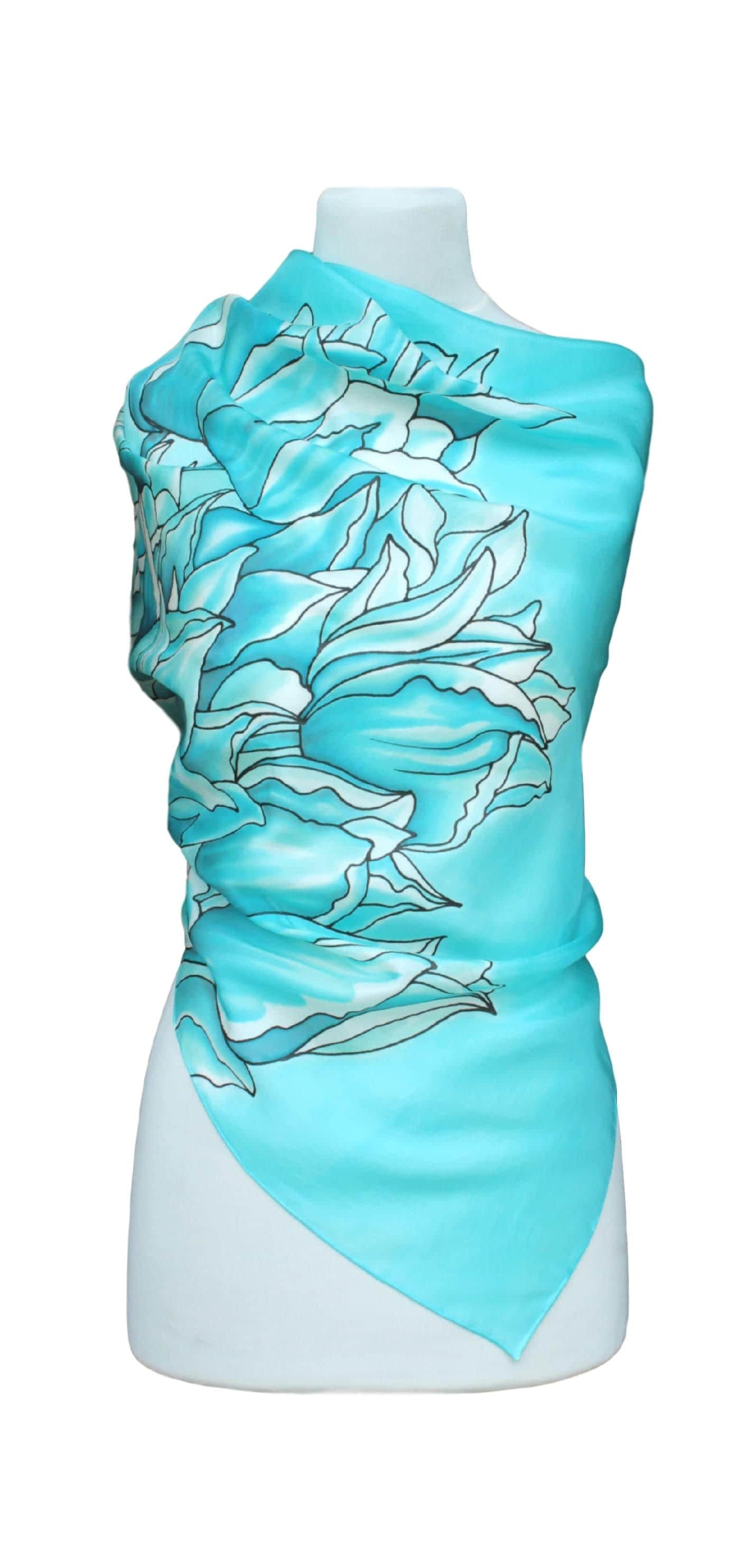 Türkis Tulpe Seidenschal - Handbemalt 100% Seide Florales Blaues Accessoire Geschenk Für Frauen von Aryonelle