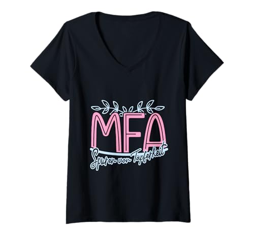 Damen MFA Spuren Von Tapferkeit Medizinische Fachangestellte T-Shirt mit V-Ausschnitt von Arzthelferin Geschenke Für MFA Prüfung Bestanden