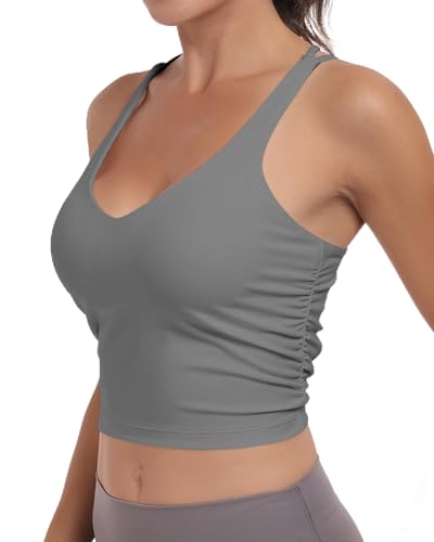 As Fairy Damen-Sport-BH, gerüscht, Criss Cross Back Crop Tank Top, Langer, kabelloser, gepolsterter Yoga-BH (Kohlengrau,M) von As Fairy