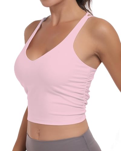 As Fairy Damen-Sport-BH, gerüscht, Criss Cross Back Crop Tank Top, Langer, kabelloser, gepolsterter Yoga-BH (Rosa,L) von As Fairy