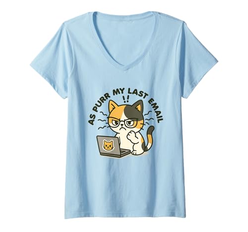 Damen Als Schnurr Meine Letzte E-Mail Verärgerte Katze auf Laptop Tierspiel T-Shirt mit V-Ausschnitt von As Per My Last Email Humor Kawaii Cat