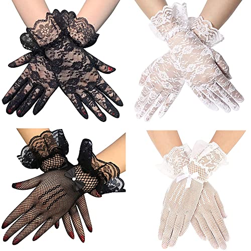 4 Paar Damen Spitzenhandschuhe, Elegante Tea Party Kurze Damen Handschuhe, Mesh Höflichkeit Handschuhe Vintage Floral Braut Handschuhe für Hochzeit Abendessen Halloween Cocktail Kostüm 1950's Parties von Asaisimg