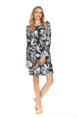 Ascafa Damen Nachthemd Langarm Knielang Knopfleiste Nacht-Blau Baumwolle Modal Gr. 52 XXL von Ascafa