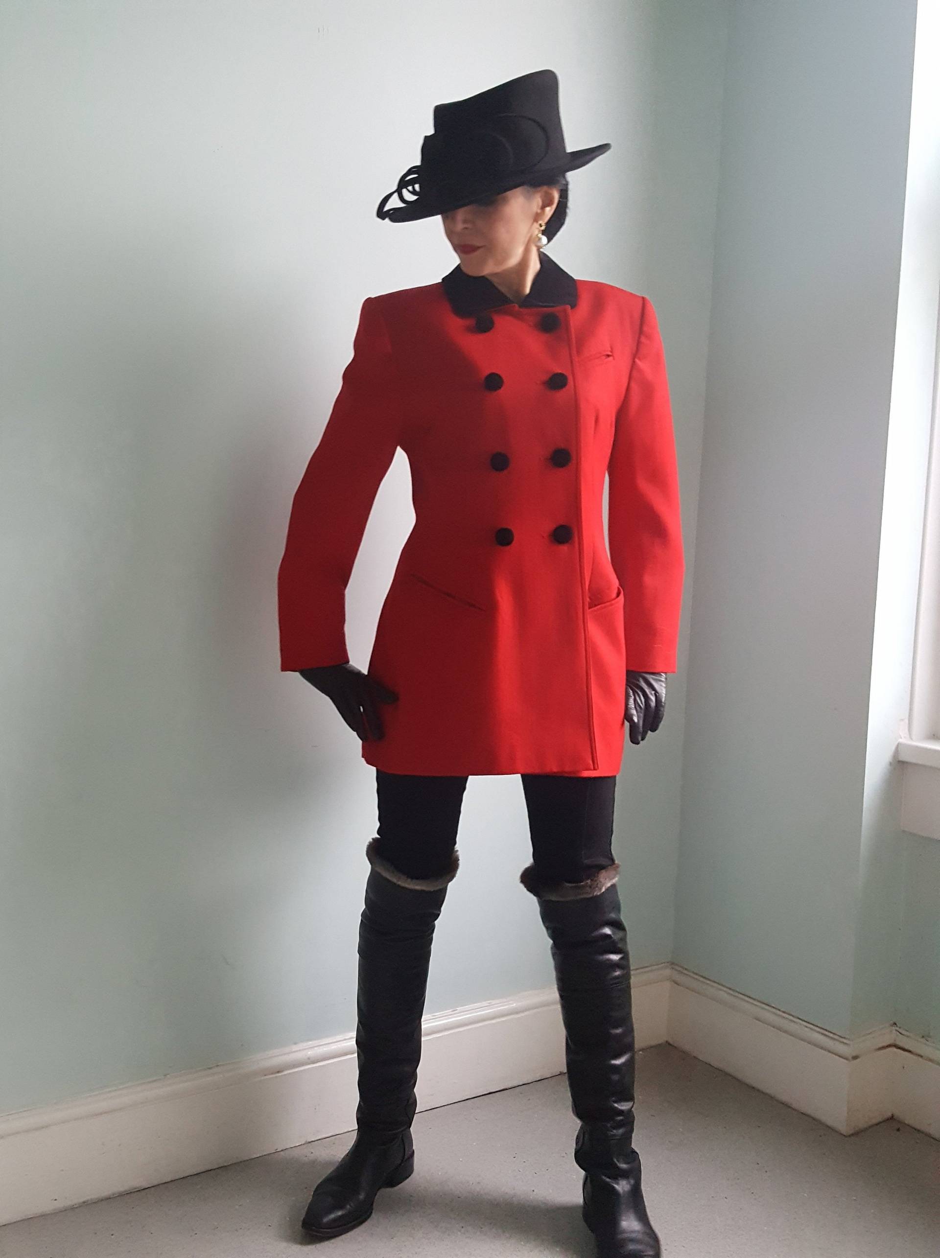 Vintage Mansfield Reitsport Inspirierte Rote Wolljacke Reitwolle Samt Schwarz Zweireihig Fit & Flare von AscendanceFashion