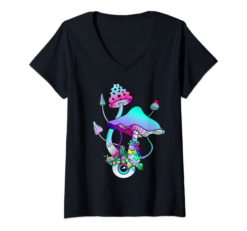 Damen Pilz Auge Kunst Goa Psy Trance T-Shirt mit V-Ausschnitt von Ascoo-Epics Psychedelische Pilzgrafik