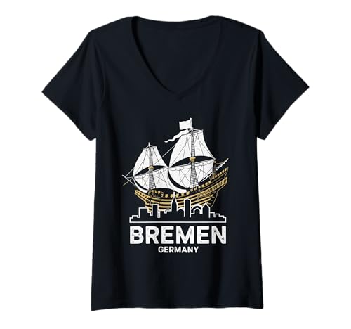 Damen Bremer Hansekogge mit Bremen Skyline T-Shirt mit V-Ausschnitt von Ascooepics Bremenart