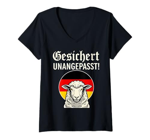 Damen Gesichert Unangepasst Deutsches Schaf T-Shirt mit V-Ausschnitt von Ascooepics Gesichert Unangepasst