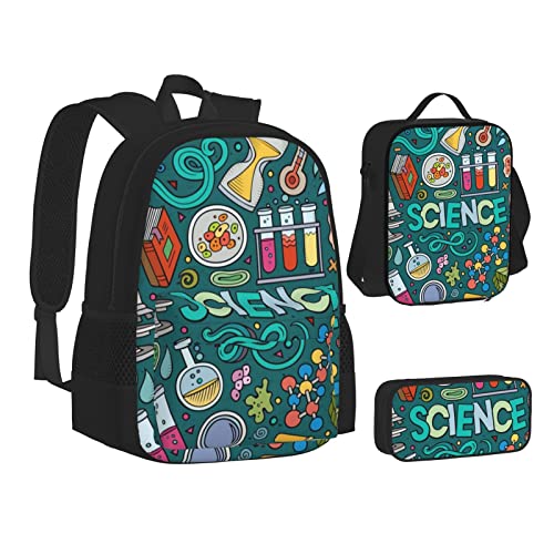 Aseelo 3D Pizza Pepperoni Rucksack mit Lunchbox für Jungen Schultaschen Schüler Büchertasche und Federmäppchen für Mädchen Set 3 Stück, Cartoon Science Design, Einheitsgröße, Rucksack, einfach von Aseelo