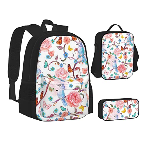 Aseelo 3D Pizza Pepperoni Rucksack mit Lunchbox für Jungen Schultaschen Schüler Büchertasche und Federmäppchen für Mädchen Set 3 Stück, Romantische Ausgefallene Blumen Vögel Schmetterling, von Aseelo