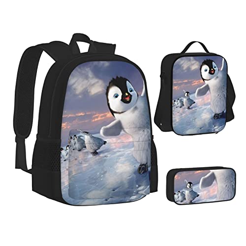 Aseelo Afrikanischer Löwe und Löwin Rucksack mit Lunchbox für Jungen Schultaschen Schüler Büchertasche und Federmäppchen für Mädchen Set 3 Stück, Happy Pinguin, Einheitsgröße von Aseelo