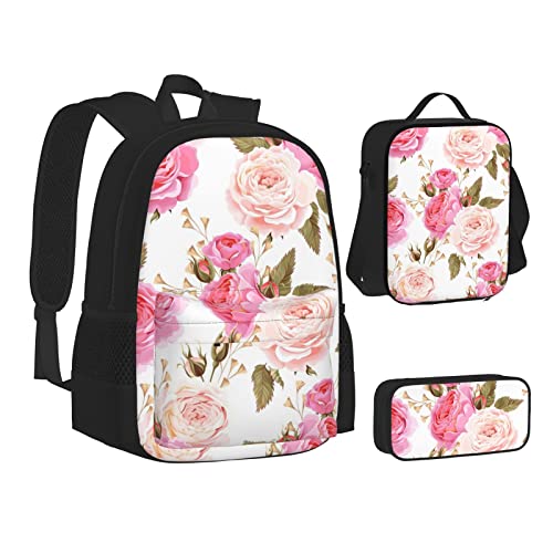 Aseelo Afrikanischer Löwe und Löwin Rucksack mit Lunchbox für Jungen Schultaschen Schüler Büchertasche und Federmäppchen für Mädchen Set 3 Stück, Rosenblüte, Einheitsgröße von Aseelo