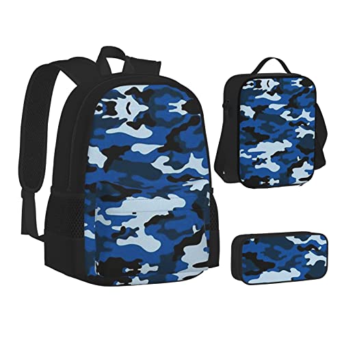 Aseelo Blauer Camouflage-Rucksack mit Lunchbox für Jungen, Schultaschen, Schüler, Büchertasche und Federmäppchen für Mädchen, Set 3-teilig, Blau, Einheitsgröße, Rucksack, einfach, blau, Einheitsgröße, von Aseelo