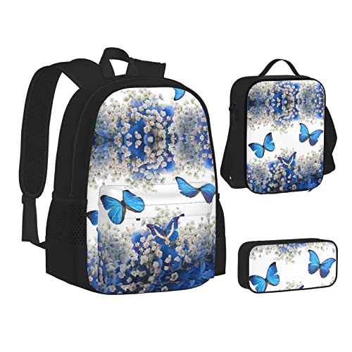 Aseelo Bowlingball Rucksack mit Lunchbox für Jungen Schultaschen Schüler Büchertasche und Federmäppchen für Mädchen Set 3 Stück, Blaue Schmetterlinge weiße Blumen, Einheitsgröße von Aseelo