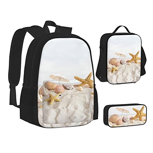 Aseelo Bowlingball Rucksack mit Lunchbox für Jungen Schultaschen Schüler Büchertasche und Federmäppchen für Mädchen Set 3 Stück, Muscheln Seestern am Strand, Einheitsgröße von Aseelo