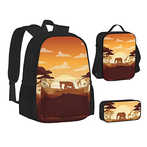 Aseelo Dackel Hund Rucksack mit Lunchbox für Jungen Schultaschen Schüler Büchertasche und Federmäppchen für Mädchen Set 3 Stück, Elefant und Giraffe im Sonnenuntergang, Einheitsgröße, Rucksack, von Aseelo