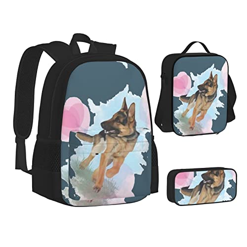 Aseelo Deutscher Schäferhund Hundeliebhaber Rucksack mit Lunchbox für Jungen Schultaschen Schüler Büchertasche und Federmäppchen für Mädchen Set 3 Stück, Deutscher Schäferhund Hundeliebhaber, von Aseelo