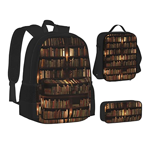 Aseelo Eulen auf Baumzweigen Rucksack mit Lunchbox für Jungen Schultaschen Schüler Büchertasche und Federmäppchen für Mädchen Set 3 Stück, Bibliothek Bücherregal Buch, Einheitsgröße von Aseelo