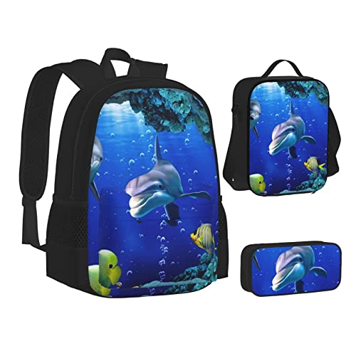 Aseelo Halloween Hexe Fliegen Rucksack mit Lunchbox für Jungen Schultaschen Student Büchertasche und Federmäppchen für Mädchen Set 3 Stück, 3d Unterwasserwelt Fisch Delphi, Einheitsgröße von Aseelo