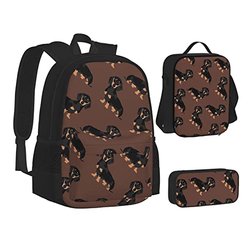 Aseelo Halloween Hexe Fliegen Rucksack mit Lunchbox für Jungen Schultaschen Student Büchertasche und Federmäppchen für Mädchen Set 3 Stück, Dackel Weiner Haustier Hunde, Einheitsgröße, Rucksack, von Aseelo