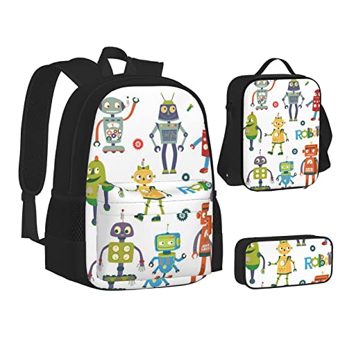 Aseelo Husky Welpen Hunde Rucksack mit Lunchbox für Jungen Schultaschen Schüler Büchertasche und Federmäppchen für Mädchen Set 3 Stück, Niedliche Cartoon-Roboter, Einheitsgröße von Aseelo