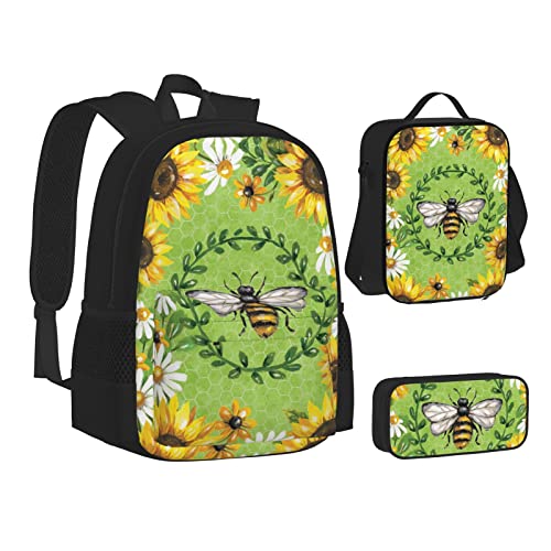 Aseelo Lustige Flip Flops Hausschuhe Kunst Sandalen Rucksack mit Lunchbox für Jungen Schultaschen Student Büchertasche und Federmäppchen für Mädchen Set 3 Stück, Bienen- und Sonnenblumen, von Aseelo