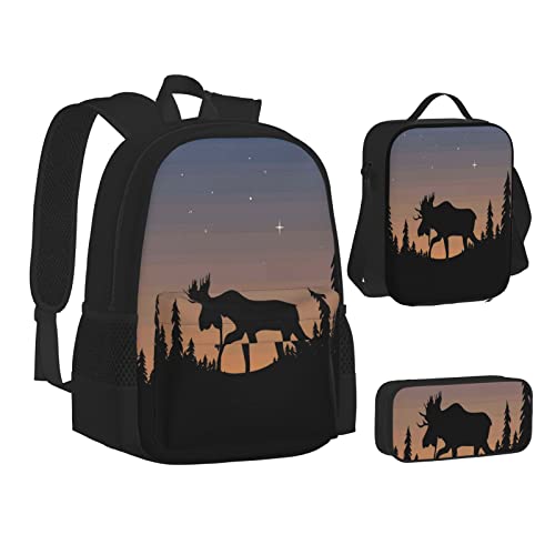 Aseelo Monarch Schmetterlinge Rucksack mit Lunchbox für Jungen Schultaschen Schüler Büchertasche und Federmäppchen für Mädchen Set 3 Stück, Elchgebirge Kiefer Wildnis, Einheitsgröße, Rucksack, einfach von Aseelo