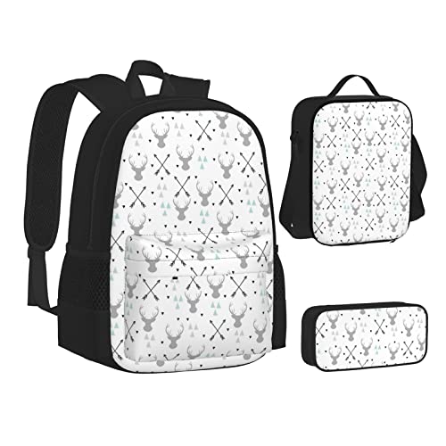 Aseelo Monarch Schmetterlinge Rucksack mit Lunchbox für Jungen Schultaschen Schüler Büchertasche und Federmäppchen für Mädchen Set 3 Stück, Jagd Pfeile Dreiecke Hirsch1, Einheitsgröße, Rucksack, von Aseelo