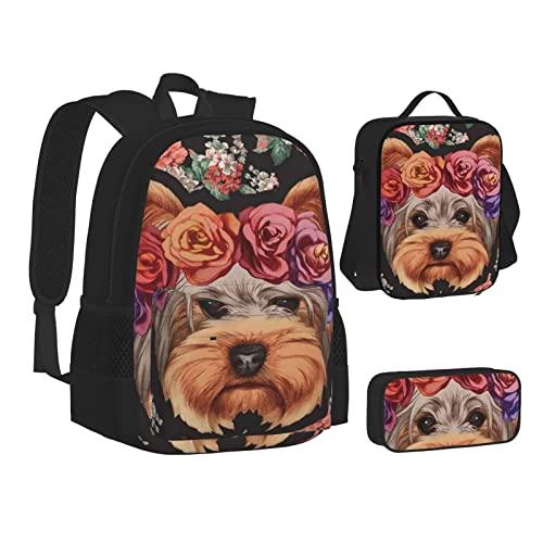 Aseelo Monarch Schmetterlinge Rucksack mit Lunchbox für Jungen Schultaschen Schüler Büchertasche und Federmäppchen für Mädchen Set 3 Stück, Yorkie Floral, Einheitsgröße, Rucksack, einfach von Aseelo