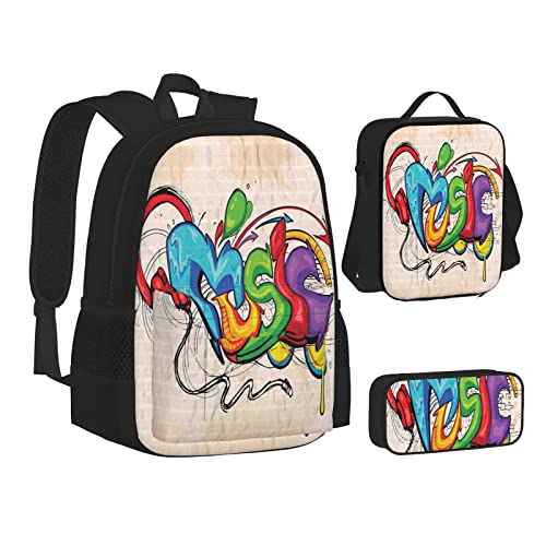 Aseelo Niedlicher Cartoon Lustige Giraffen Rucksack mit Lunchbox für Jungen Schultaschen Schüler Büchertasche und Federmäppchen für Mädchen Set 3 Stück, Musik-Graffiti-Stil, Einheitsgröße, Rucksack, von Aseelo