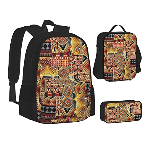 Aseelo Patriotische Sterne Streifen Unabhängigkeitstag Rucksack mit Lunchbox für Jungen Schultaschen Schüler Büchertasche und Federmäppchen für Mädchen Set 3 Stück, Patchwork Afrikanisches Textil, von Aseelo