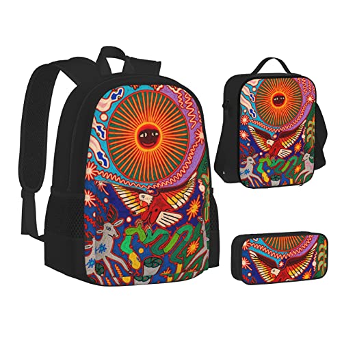 Aseelo Schwarz und Weiß Pferde Laufrucksack mit Lunchbox für Jungen Schultaschen Schüler Büchertasche und Federmäppchen für Mädchen Set 3 Stück, Boho-Kunstwerk im mexikanischen Stil, Einheitsgröße von Aseelo