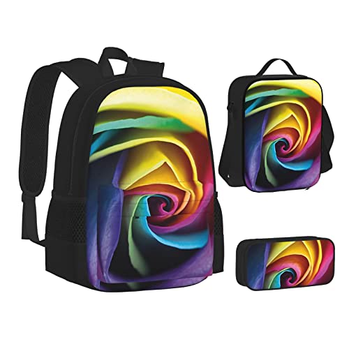 Aseelo Schwarz und Weiß Pferde Laufrucksack mit Lunchbox für Jungen Schultaschen Schüler Büchertasche und Federmäppchen für Mädchen Set 3 Stück, Regenbogen-Rosen, Einheitsgröße von Aseelo