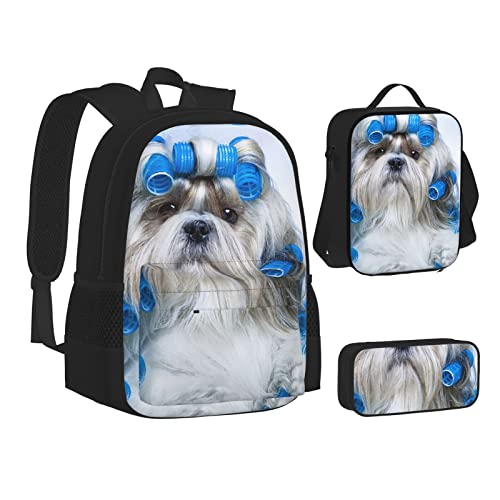 Aseelo Schwarz und Weiß Pferde Laufrucksack mit Lunchbox für Jungen Schultaschen Schüler Büchertasche und Federmäppchen für Mädchen Set 3 Stück, Shih Tzu Hund, Einheitsgröße, Rucksack, einfach von Aseelo