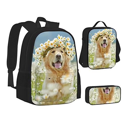 Aseelo Shells on The Beach Rucksack mit Lunchbox für Jungen Schultaschen Schüler Büchertasche und Federmäppchen für Mädchen Set 3 Stück, Golden Retriever Hund, Einheitsgröße von Aseelo